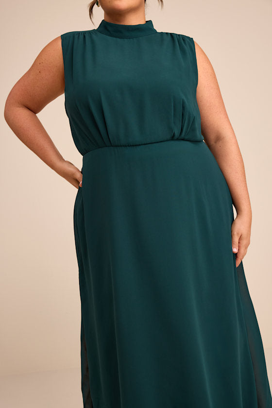 Classic Elegance Emerald Chiffon Sleeveless Mock Neck Maxi Dress