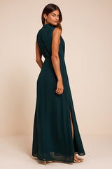 Classic Elegance Emerald Chiffon Sleeveless Mock Neck Maxi Dress