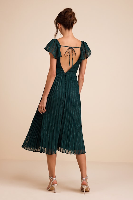 Standout Sophistication Emerald Lurex Flutter Sleeve Midi Dress
