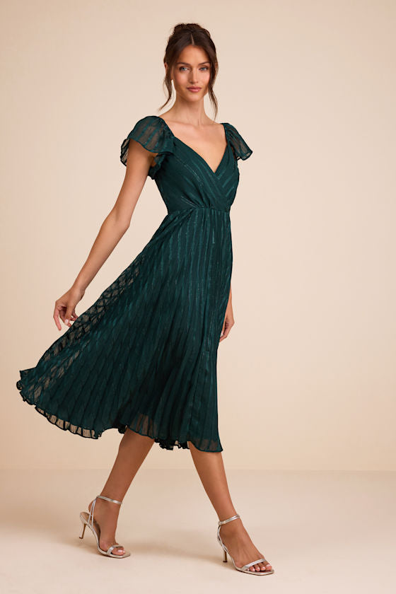 Standout Sophistication Emerald Lurex Flutter Sleeve Midi Dress