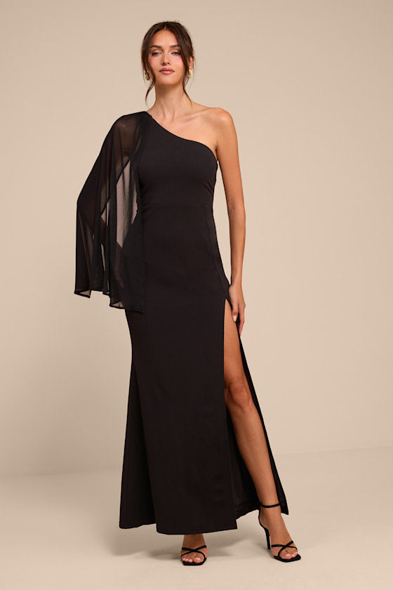 Majestic Attitude Black Cape Sleeve One-Shoulder Maxi Dress