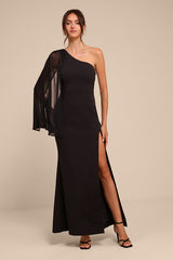 Majestic Attitude Black Cape Sleeve One-Shoulder Maxi Dress