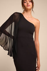 Majestic Attitude Black Cape Sleeve One-Shoulder Maxi Dress