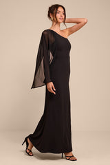 Majestic Attitude Black Cape Sleeve One-Shoulder Maxi Dress