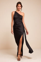Signature Elegance Black Satin One-Shoulder Maxi Dress