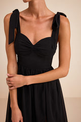 Radiant Charisma Black Chiffon Ruched Tie-Strap Maxi Dress