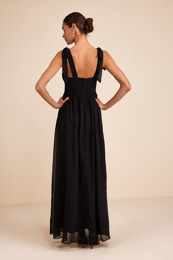 Radiant Charisma Black Chiffon Ruched Tie-Strap Maxi Dress