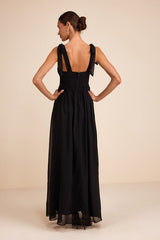 Radiant Charisma Black Chiffon Ruched Tie-Strap Maxi Dress