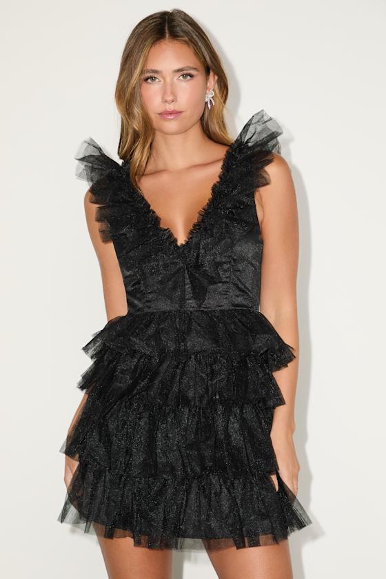 Striking Sensation Black Tulle Tiered Ruffled Mini Dress