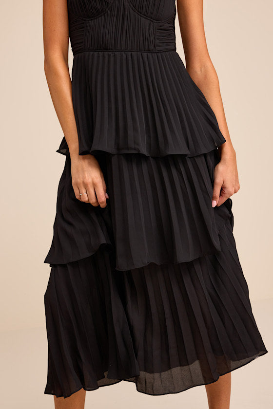 Cascading Crush Black Tiered Bustier Midi Dress