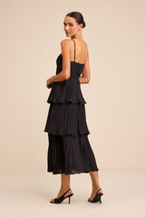 Cascading Crush Black Tiered Bustier Midi Dress