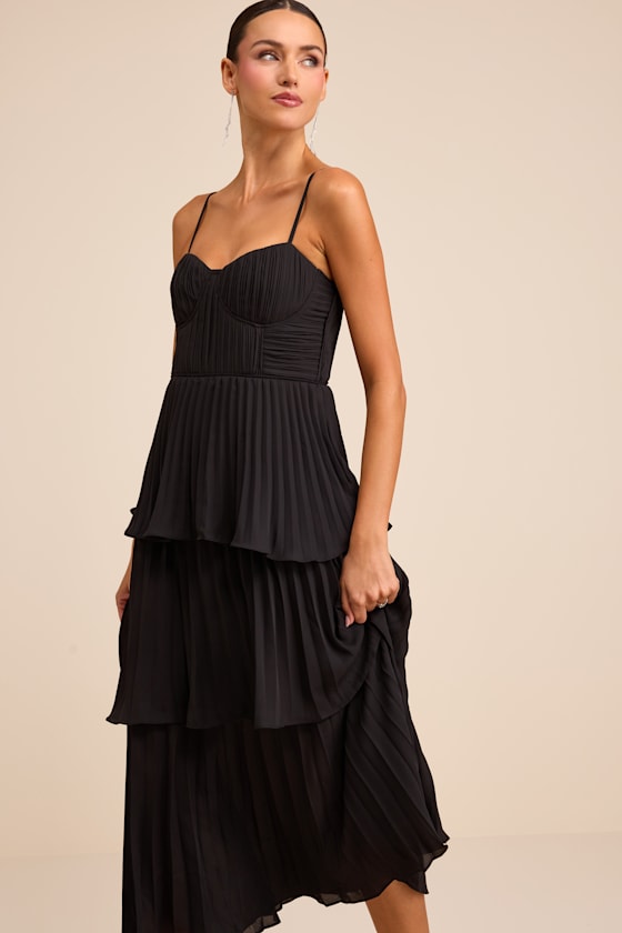 Cascading Crush Black Tiered Bustier Midi Dress