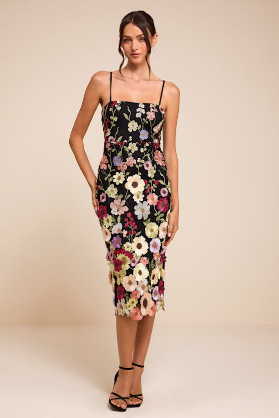 Thriving Energy Black 3D Floral Embroidered Lace-Up Midi Dress
