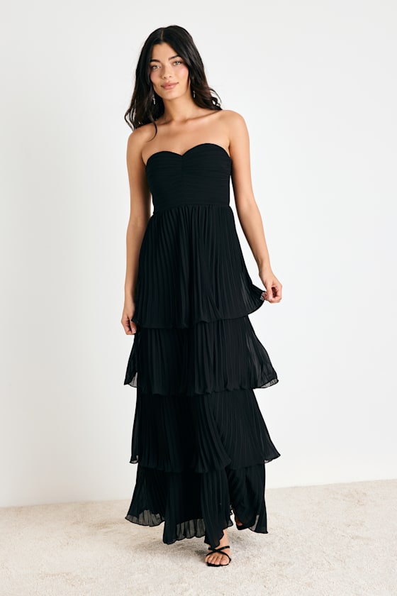 Seriously Sensational Black Strapless Tiered Maxi Dress