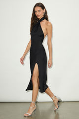 Beyond Classy Black Satin Halter Midi Dress