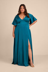 Elegant Confidence Teal Satin Flutter Sleeve Cutout Maxi Dress