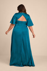 Elegant Confidence Teal Satin Flutter Sleeve Cutout Maxi Dress