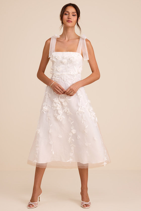 Effortlessly Sweet White Tulle 3D Floral Tie-Strap Midi Dress