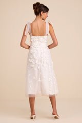 Effortlessly Sweet White Tulle 3D Floral Tie-Strap Midi Dress