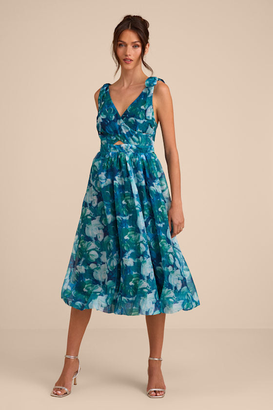 Flowering Day Dream Teal Blue Floral Organza Midi Bubble Dress