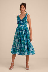 Flowering Day Dream Teal Blue Floral Organza Midi Bubble Dress