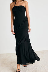Dramatic Allure Black Ruffled Cutout Strapless Maxi Dress