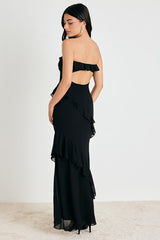 Dramatic Allure Black Ruffled Cutout Strapless Maxi Dress