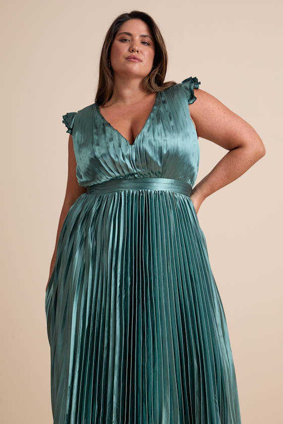 Exceptional Drama Sage Green Satin Lace-Up Pleated Maxi Dress