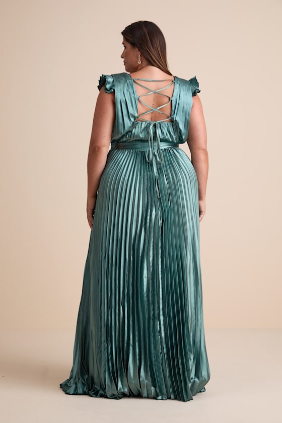 Exceptional Drama Sage Green Satin Lace-Up Pleated Maxi Dress
