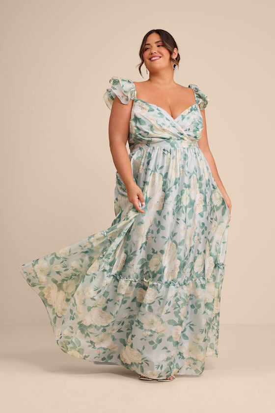 Soiree Perfection Light Blue Floral Ruffled Tiered Maxi Dress