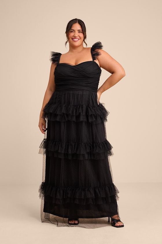 Pure Radiance Black Mesh Swiss Dot Tiered Maxi Dress