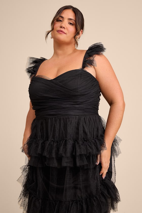 Pure Radiance Black Mesh Swiss Dot Tiered Maxi Dress