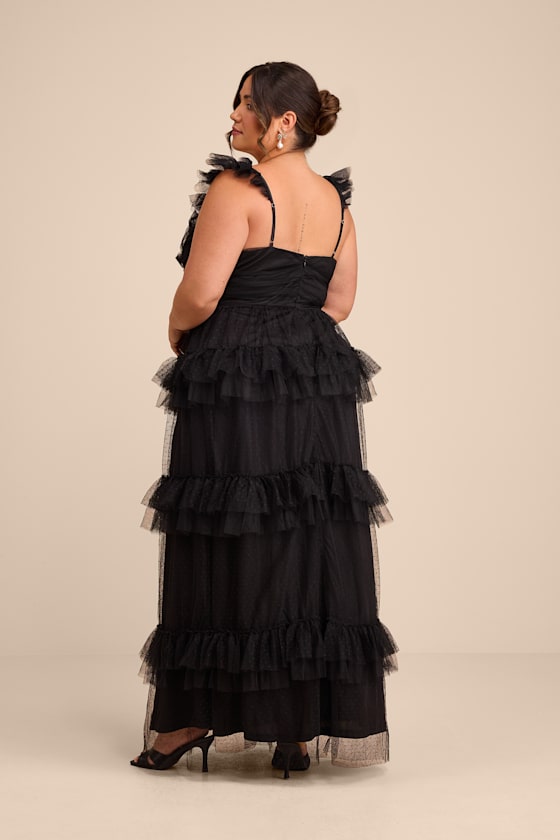 Pure Radiance Black Mesh Swiss Dot Tiered Maxi Dress