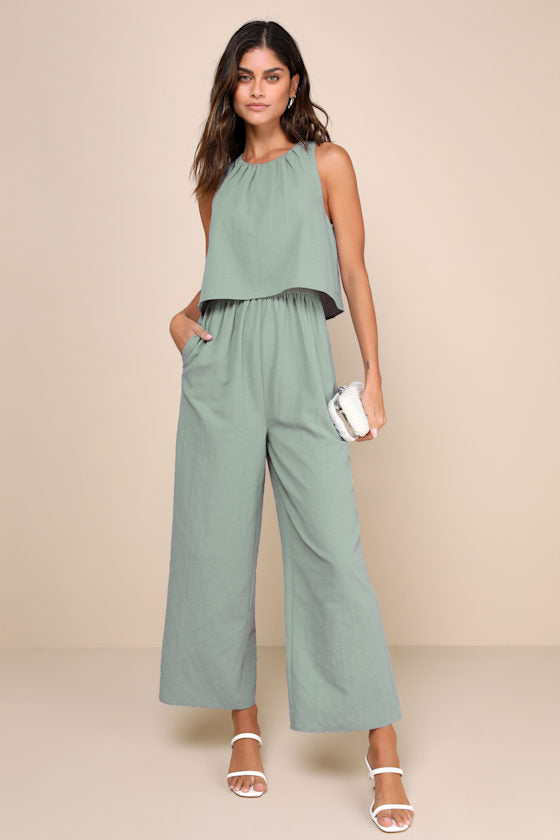 Breezy Sophistication Sage Green Textured Wide-Leg Jumpsuit