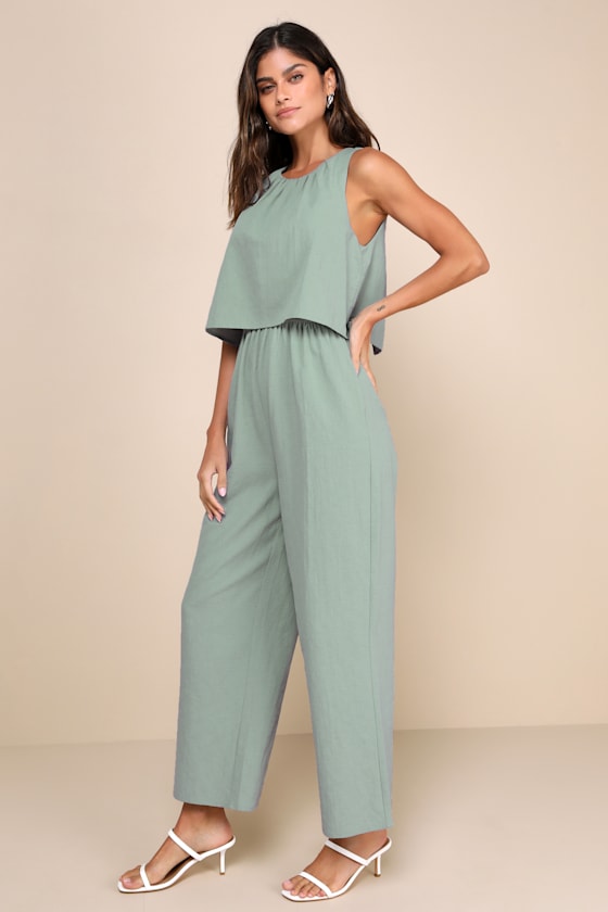 Breezy Sophistication Sage Green Textured Wide-Leg Jumpsuit