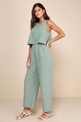 Breezy Sophistication Sage Green Textured Wide-Leg Jumpsuit
