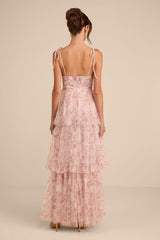 Blissfully Gorgeous Blush Floral Tie-Strap Bustier Maxi Dress