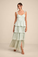 Stunning Glory Sage Green Floral Jacquard Tiered Maxi Dress