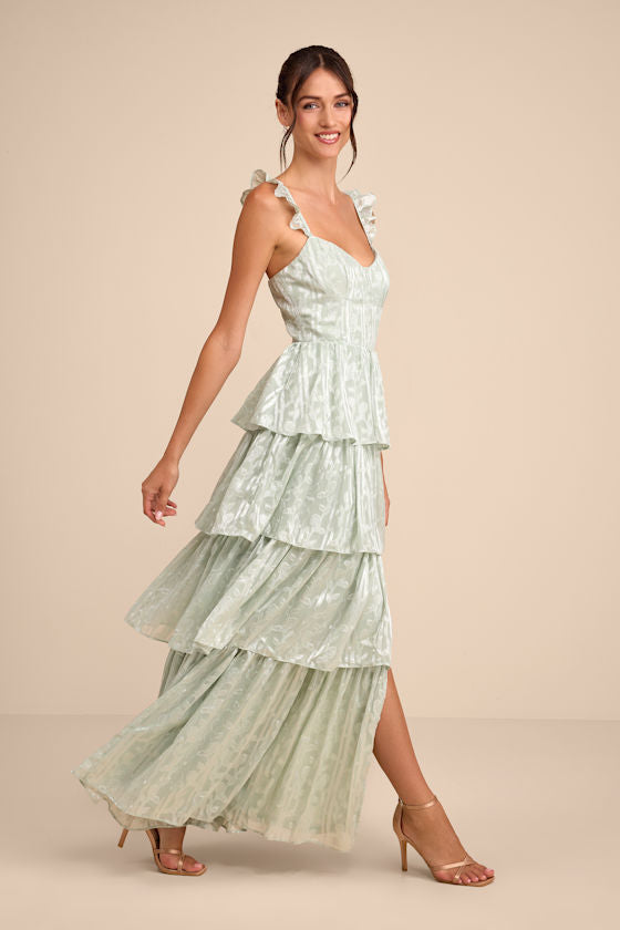 Stunning Glory Sage Green Floral Jacquard Tiered Maxi Dress