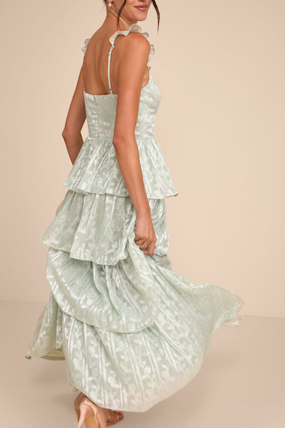 Stunning Glory Sage Green Floral Jacquard Tiered Maxi Dress