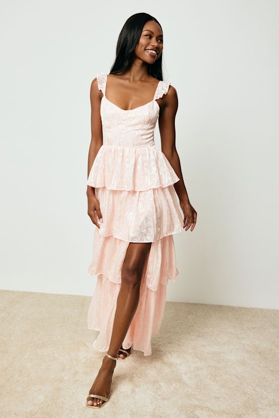 Stunning Glory Light Pink Floral Jacquard Tiered Maxi Dress