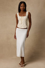 Pleasant Poise White High-Rise A-Line Midi Skirt