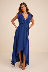 Ravishing Charm Dark Blue Ruffled Wrap High-Low Maxi Dress
