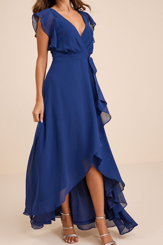Ravishing Charm Dark Blue Ruffled Wrap High-Low Maxi Dress
