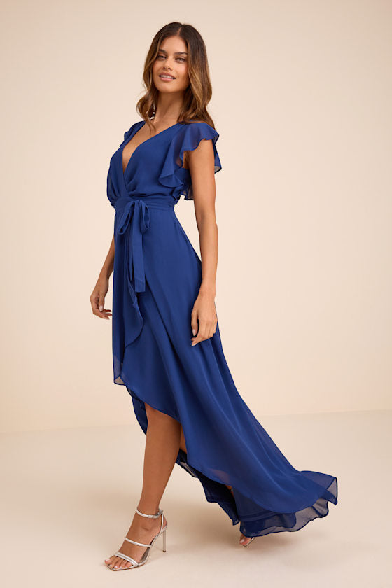 Ravishing Charm Dark Blue Ruffled Wrap High-Low Maxi Dress