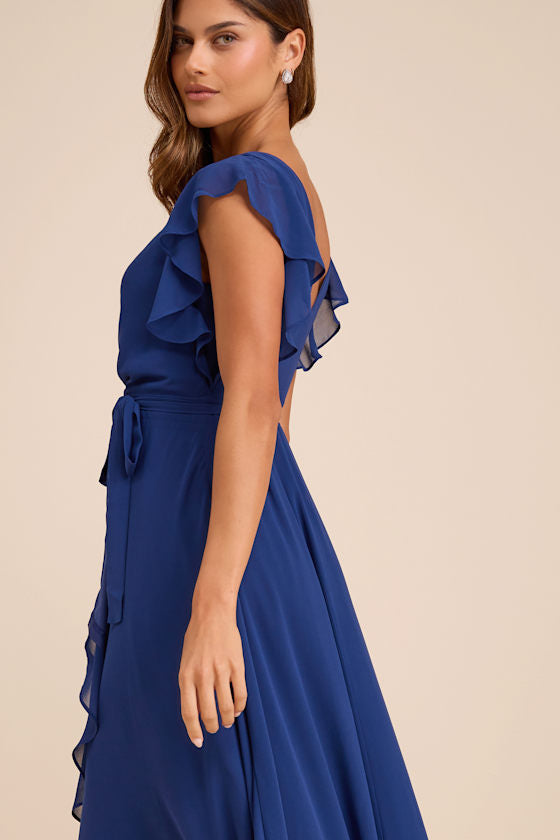 Ravishing Charm Dark Blue Ruffled Wrap High-Low Maxi Dress