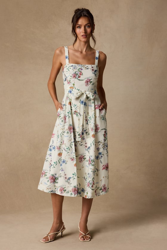 Sunny Posture Ivory Floral Sleeveless Midi Dress