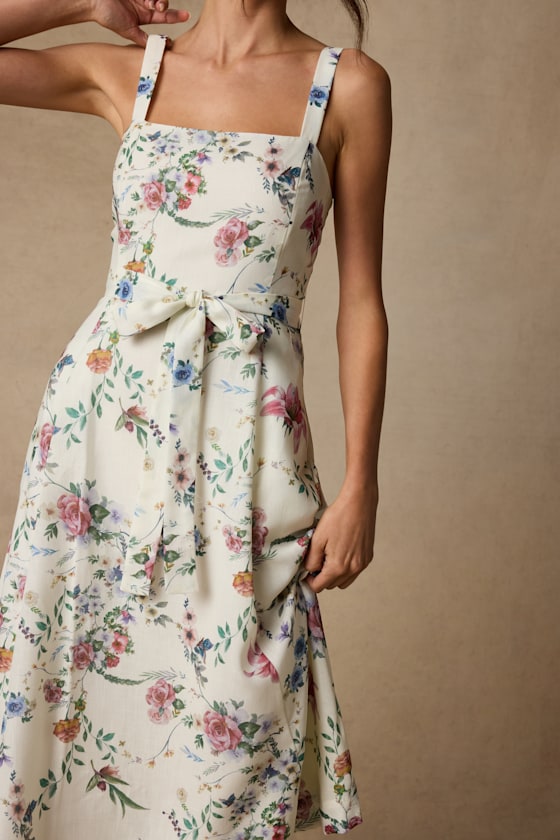 Sunny Posture Ivory Floral Sleeveless Midi Dress