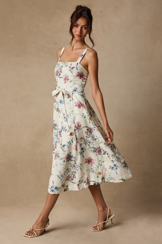 Sunny Posture Ivory Floral Sleeveless Midi Dress