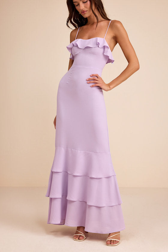 Lively Evenings Lavender Sleeveless Tiered Maxi Dress